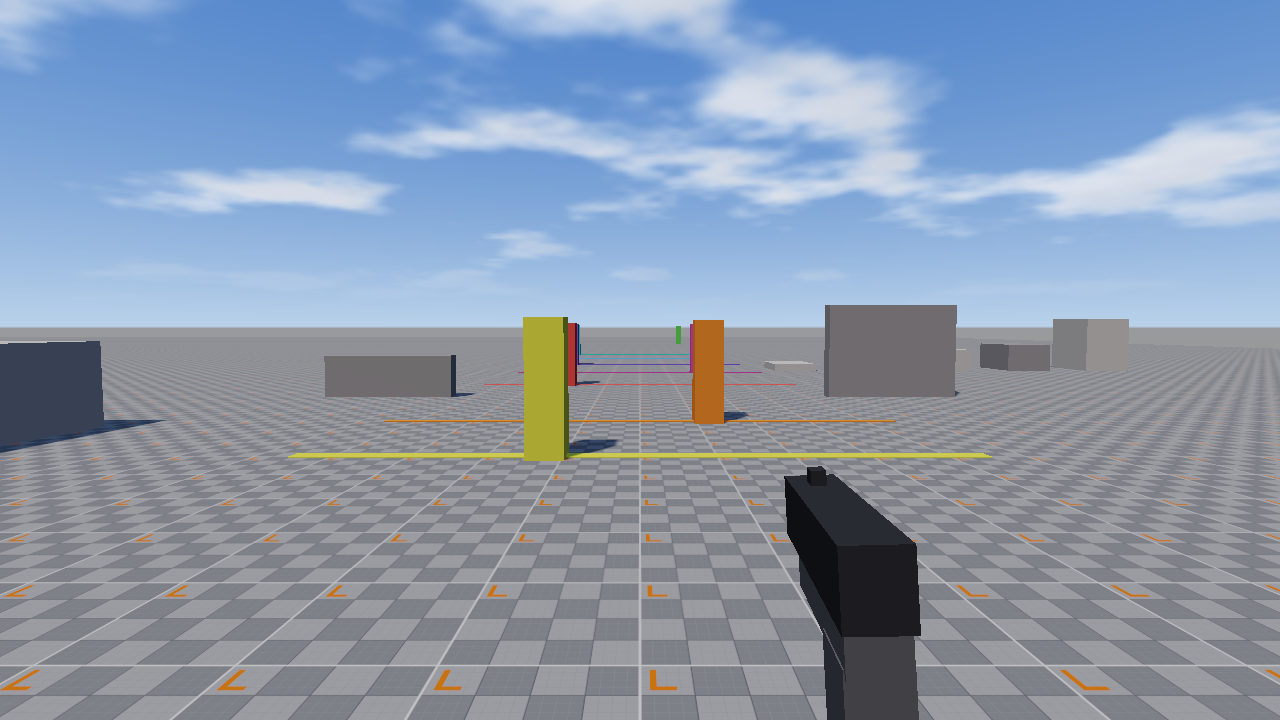 First-person view of the QX-9 Spark handgun held in hand at the shooting range.