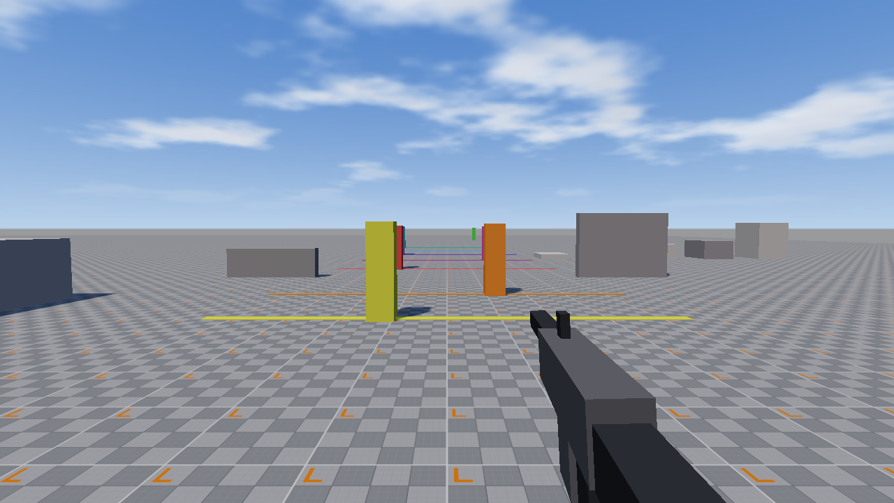 Shooting range in greybox map with target posts and player crosshair.